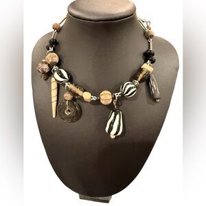 Vtg Artisan Art Glass Wood Fancy
Dangling Bead Wire Choker Necklace 16"